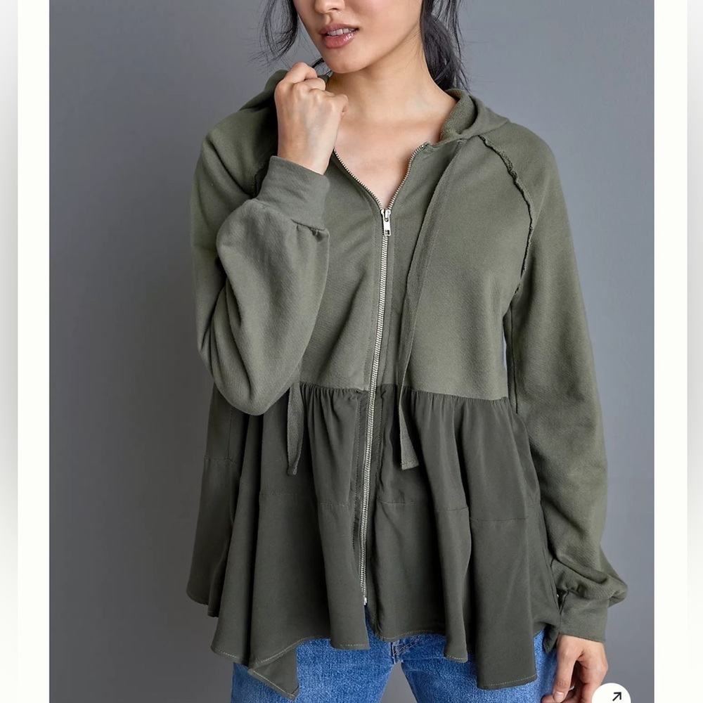 Anthropologie T.la Olive Green Lavande Tunic Full Zip Hoodie Size XS